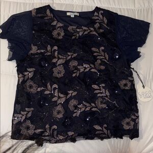 Cocobleu Navy Top with Lace Detail